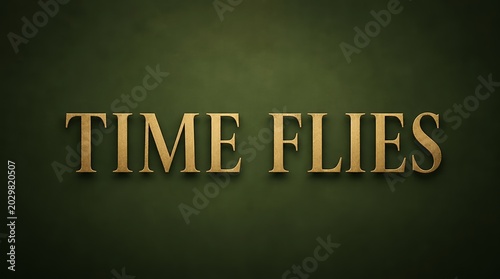 Time Flies Inspirational Quote in Golden 3D Letters on Elegant Dark Green Textured Background