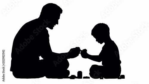 Canvastavla Silhouette of father and son playing with blocks, black family icon, kid and adu