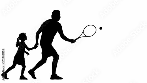 Fotografie Tennis father, child silhouette, black vector icon, family sports illustration,