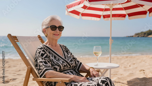 A stylish senior woman relaxes on a sunny beach under a striped umbrella, seated beside a table with a glass of white wine.