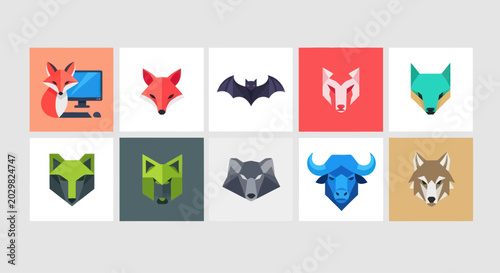 Canvas Print Geometric Animal Icons Set: Fox, Wolf, Bat, Buffalo, and More