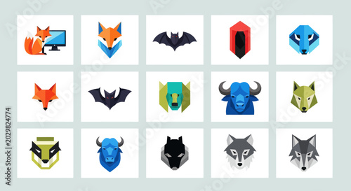 Photography Geometric Animal Icons Set: Fox, Wolf, Bat, Buffalo, Badger, Lion