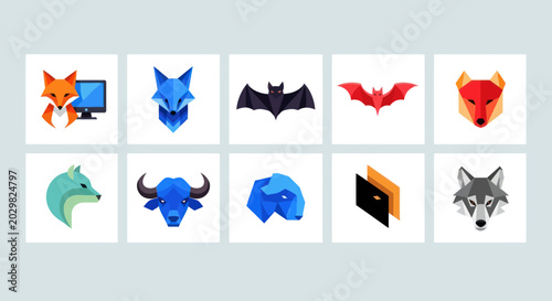 Canvas Print Geometric Animal Icons Set: Fox, Wolf, Bat, Bull, Bear, Abstract Shapes