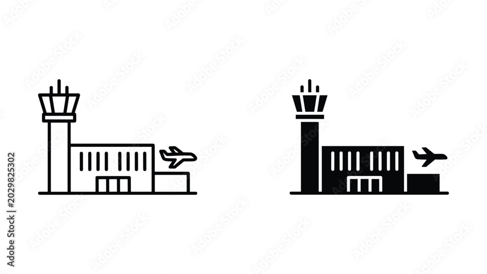 Naklejka premium Airport terminal building with control tower vector icon set for travel