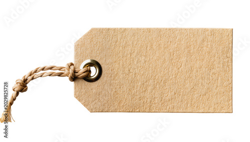 Konstfotografi Brown kraft paper price tag with metal eyelet and jute string, isolated on trans