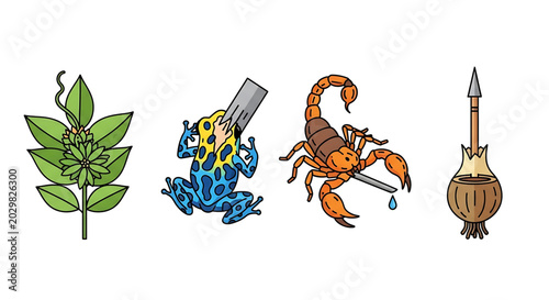 Set of natural poisons and toxins, including poisonous plant, dart frog, scorpion venom, and blowgun dart