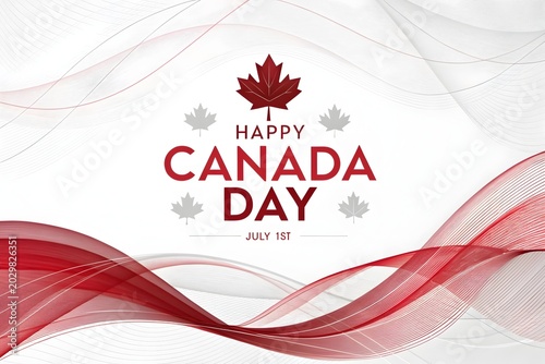 Happy canada day celebration greeting card design featuring elegant red maple leaves and dynamic abstract flowing wave patterns on a clean white background