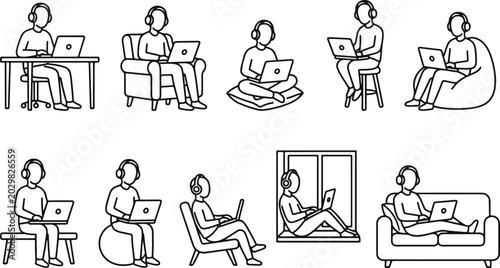 Tablou pe pânză People working on laptops, various poses and settings, line art icons, business