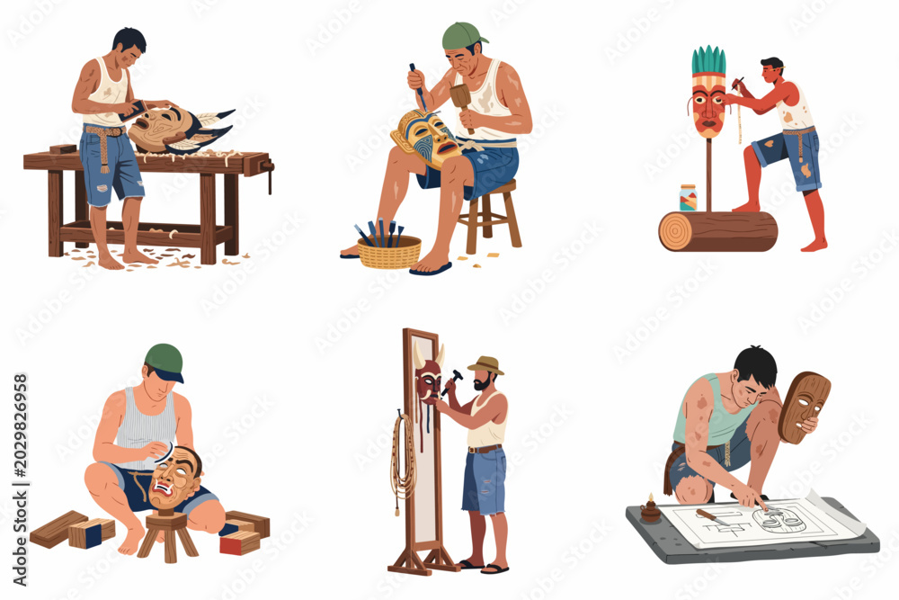 Fototapeta premium Set of diverse craftsmen and artisans creating traditional wooden masks using various hand tools in their workshops, vector illustration.
