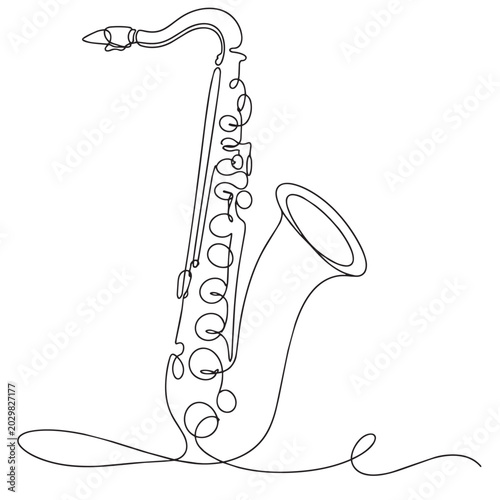 Continuous line saxophone drawing, minimalist jazz instrument art one line drawing