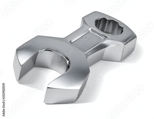 Close-up of a Shiny Metal Wrench on White Background.