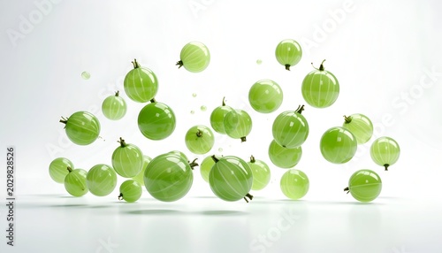 Floating gooseberries against a white background, creating a dynamic and fresh scene.
