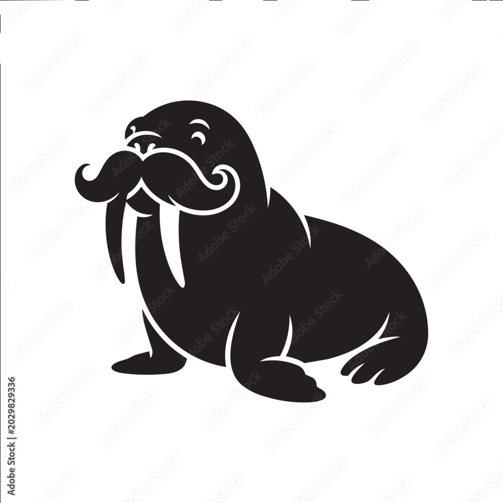 Fototapeta premium Distinguished walrus with a fancy, curly mustache and long tusks, sitting proudly, isolated vector illustration for unique character design.
