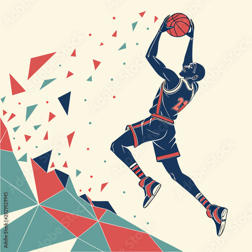 Obraz na plátně Basketball player silhouette in mid-air with ball, surrounded by dynamic explodi