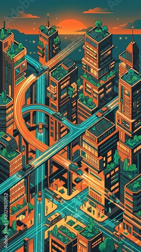 Retro-Futuristic Cityscape Illustration with Flying Cars and Eco Skyscrapers
