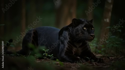 Majestic Black Panther Stalking in the Dark Tropical Jungle