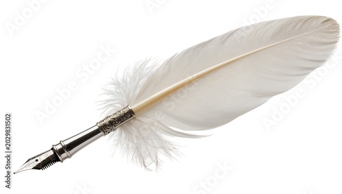 Tableau sur toile Elegant white feather quill pen with ornate silver metal nib and decorative fluf