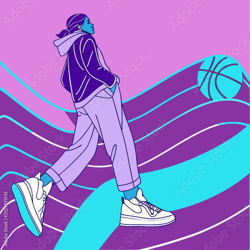 Lifestyle illustration of a person walking in streetwear with basketball and wavy background