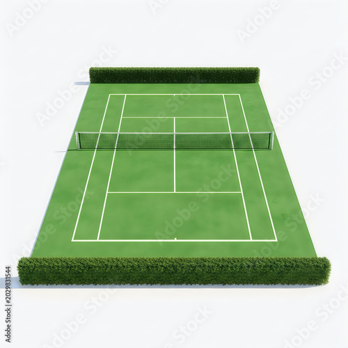 Green tennis court with net and lines