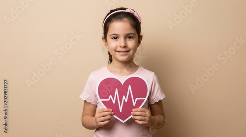 Smiling young girl holding heart shape with heartbeat pulse line, pediatric cardiology concept, child health and medical insurance awareness