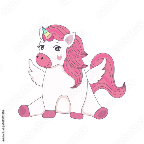 Cute baby unicorn with wings, pink hair and horn, sitting and smiling, decorated with colorful pastel hearts. Adorable cartoon character for kids birthday party invitation, greeting card, nursery wall