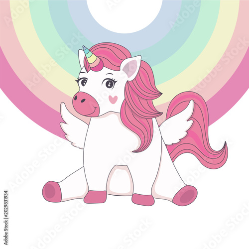 Cute baby unicorn with wings, pink hair and a colorful horn, sitting happily with a bright rainbow in the background. Magical and playful cartoon illustration in pastel colors, perfect for kids birthd