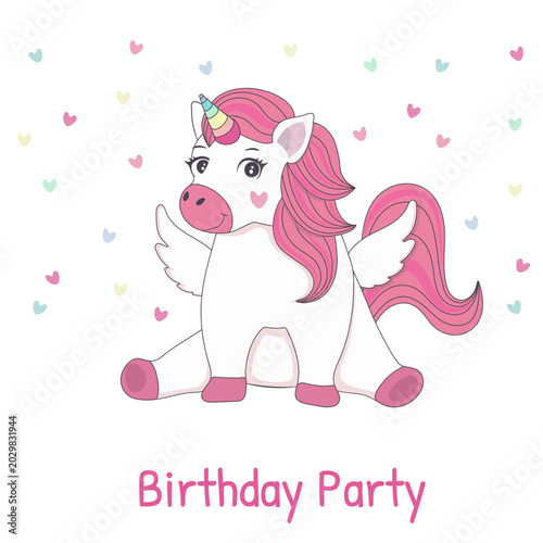 Cute cartoon unicorn with wings and a pink mane, sitting and smiling, surrounded by colorful pastel hearts. Adorable magical character in kawaii style, perfect for kids birthday invitations, greeting 