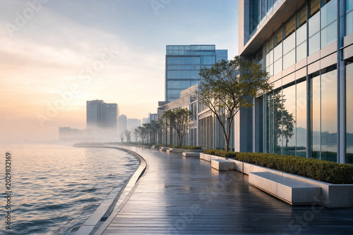 Sunrise over a modern waterfront promenade with glass office buildings, calm water, and a wet walkway reflecting warm light and soft mist for a tranquil urban mood.