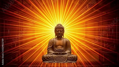 Meditating Buddha Statue with Radiant Golden Light Burst