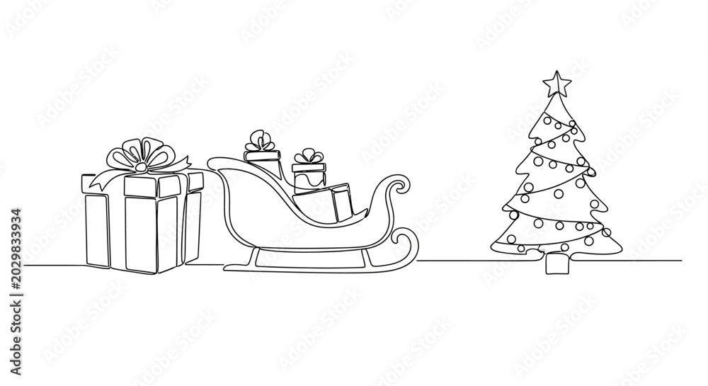 Fototapeta premium Continuous line drawing of a Christmas tree, gift boxes, and a sleigh filled with presents, symbolizing holiday gifting and festive celebrations