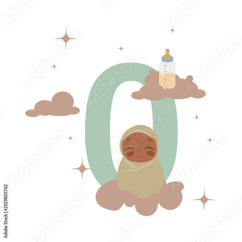 Cute newborn baby sleeping on a cloud with number zero vector illustration. First birthday or milestone greeting card design with stars, moon, and pastel clouds. Flat style vector illustraton