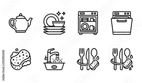 Kitchen Dishwashing Line Icon Set with Clean Plates, Teapot, Utensils and Home Appliance Cleaning Symbols Vector Illustration