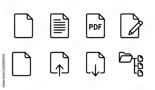 Minimal Document Line Icon Set Featuring File Types, Paper Sheets, Editing and Data Management Symbols Vector Illustration