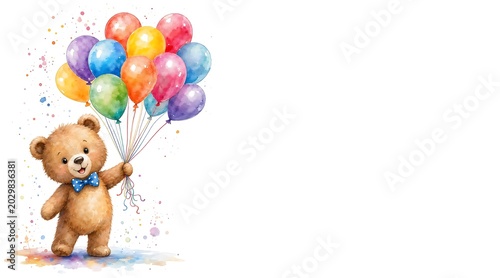 Cute teddy bear holding colorful balloons on white background