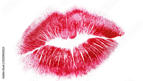 Cuadro en lienzo Red lipstick kiss mark imprint, isolated on transparent background