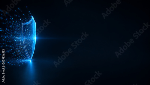 Digital shield technology protecting data and network security with glowing particles