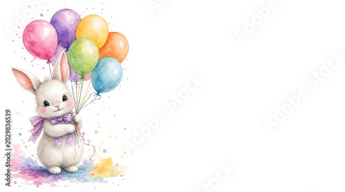 Cute white bunny holding colorful balloons on white background
