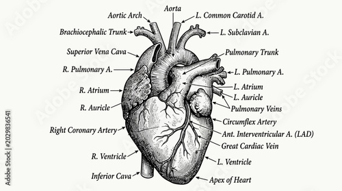 Detailed diagram of the human heart with labeled anatomy
