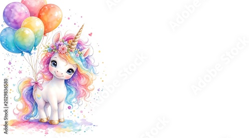 Cute unicorn with rainbow mane holding colorful balloons on white background