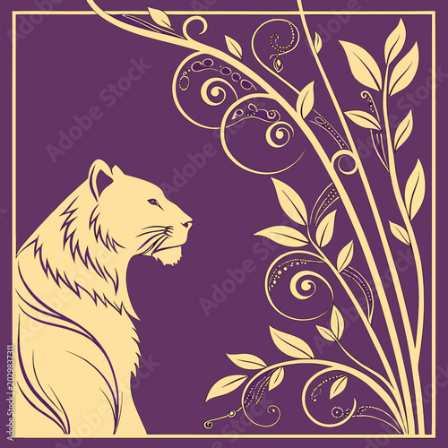 Sticker Golden tiger portrait with floral swirls nature art big cat line art nature insp