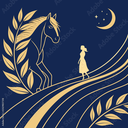Photos Dreamy silhouette of woman walking with horse under night sky silhouette landsca