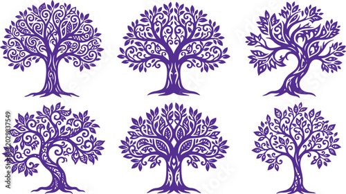 Фотография Ornate purple tree vector collection, intricate decorative tree illustrations, e