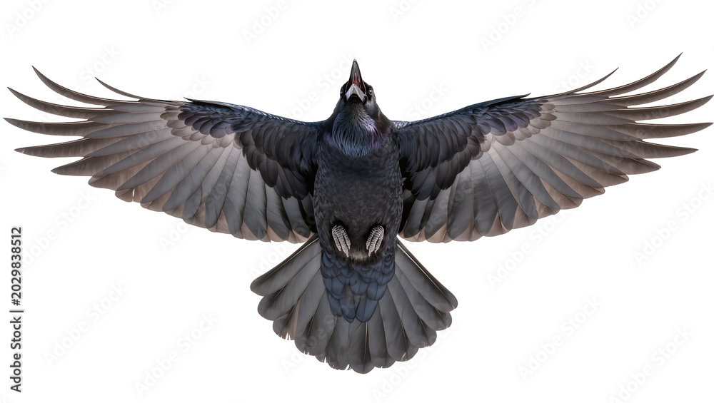 Obraz premium Dark raven bird with outstretched wings in flight, isolated on transparent background