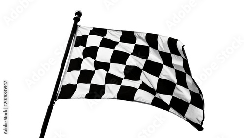 Konstfotografi Black and white checkered racing flag waving on pole, isolated on transparent ba