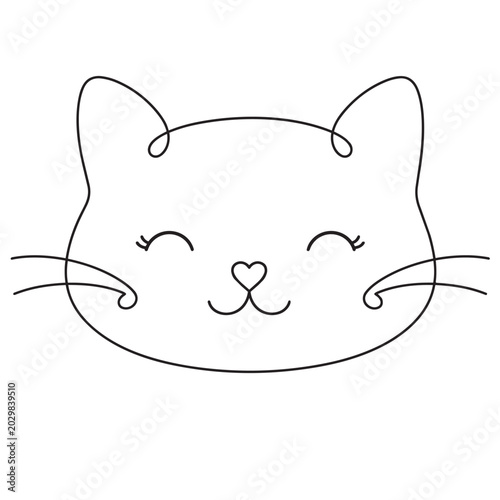 One line drawing cat face with heart nose and happy expression minimal style one line drawing