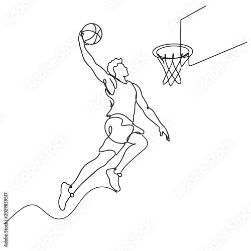 One line drawing of basketball player jumping for slam dunk action pose one line drawing