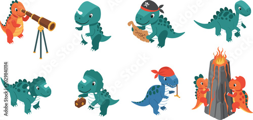 Foto Cute pirate dinosaur cartoon character set with funny dino adventurers looking t