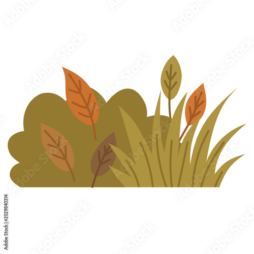 Dry autumn grass bush with orange fall leaves seasonal garden vegetation flat vector asset