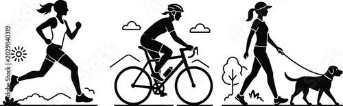 Black silhouettes of women engaging in outdoor fitness activities