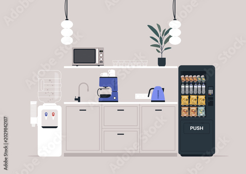 Bright and inviting office kitchen featuring a water cooler, coffee machine, and snack vending machine, Perfect space for employees to unwind during workdays.